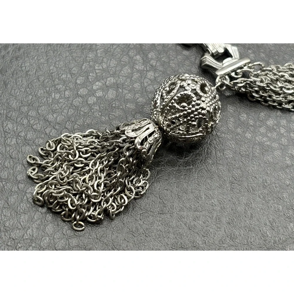 Vintage Silver Tone Multi-Strand Chain Bracelet Ornate Filigree Tassel Charm